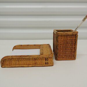 Vintage Pencil and notes bamboo and rattan desk set.
